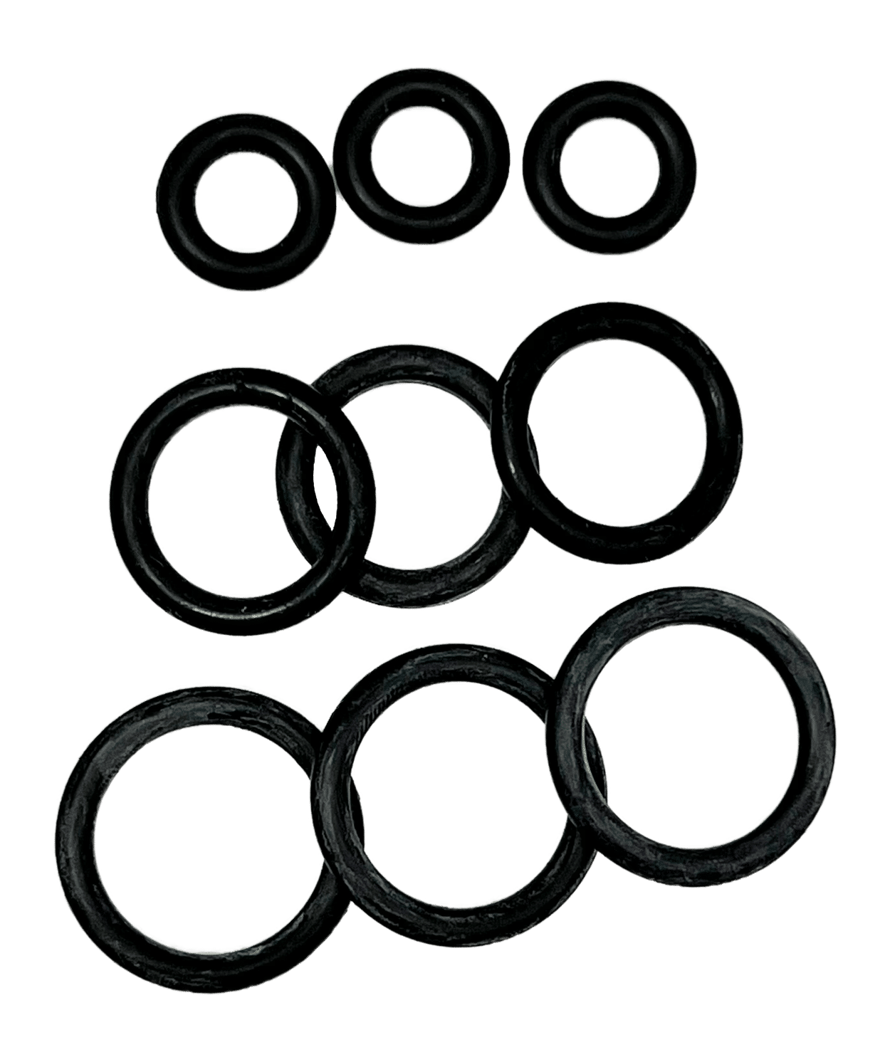 Three rows of black rubber O-rings in different sizes.