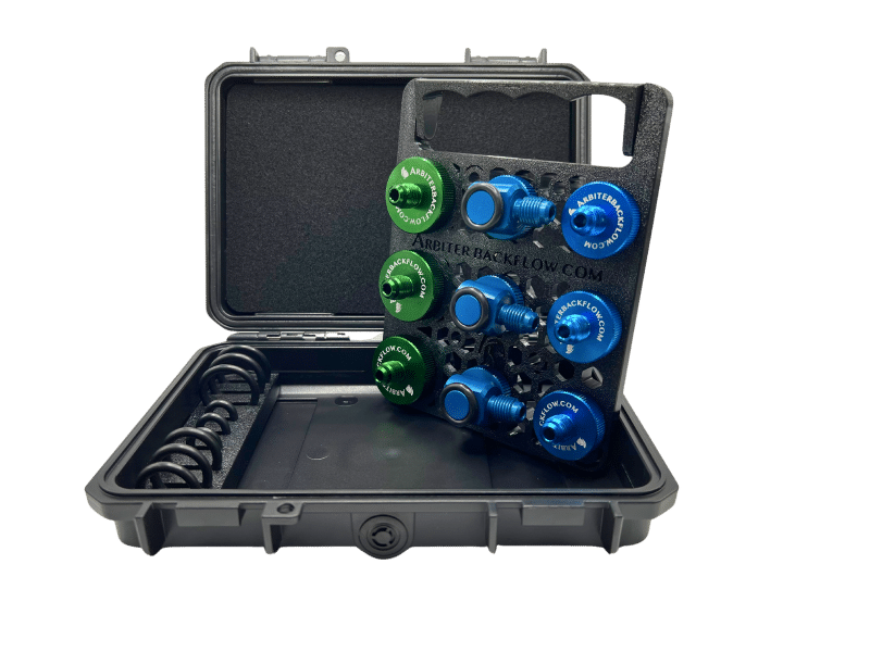 Case with green and blue quick test fittings organized inside.