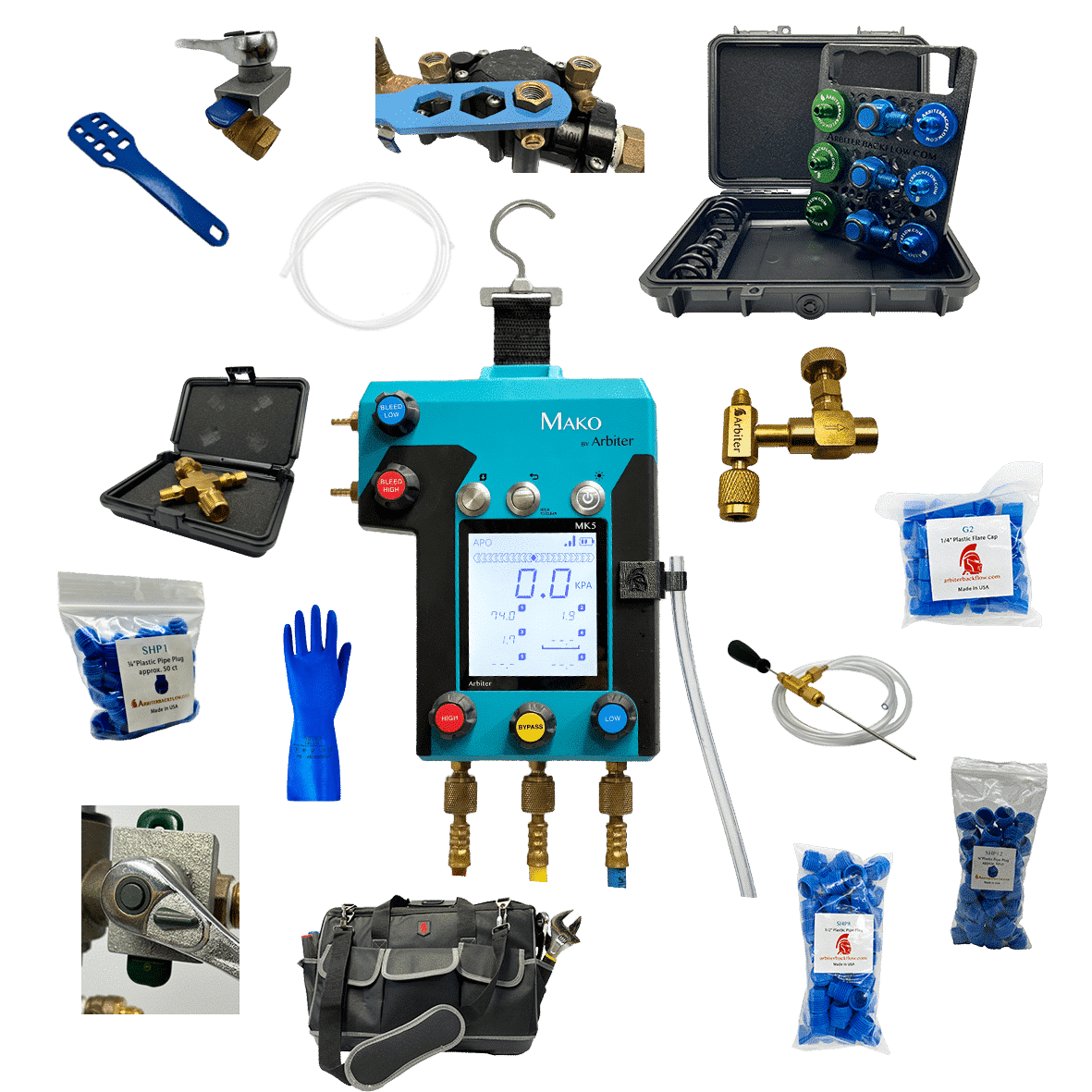 Mako backflow test kit with blue device, hoses, gloves, connectors, case, and accessories displayed.