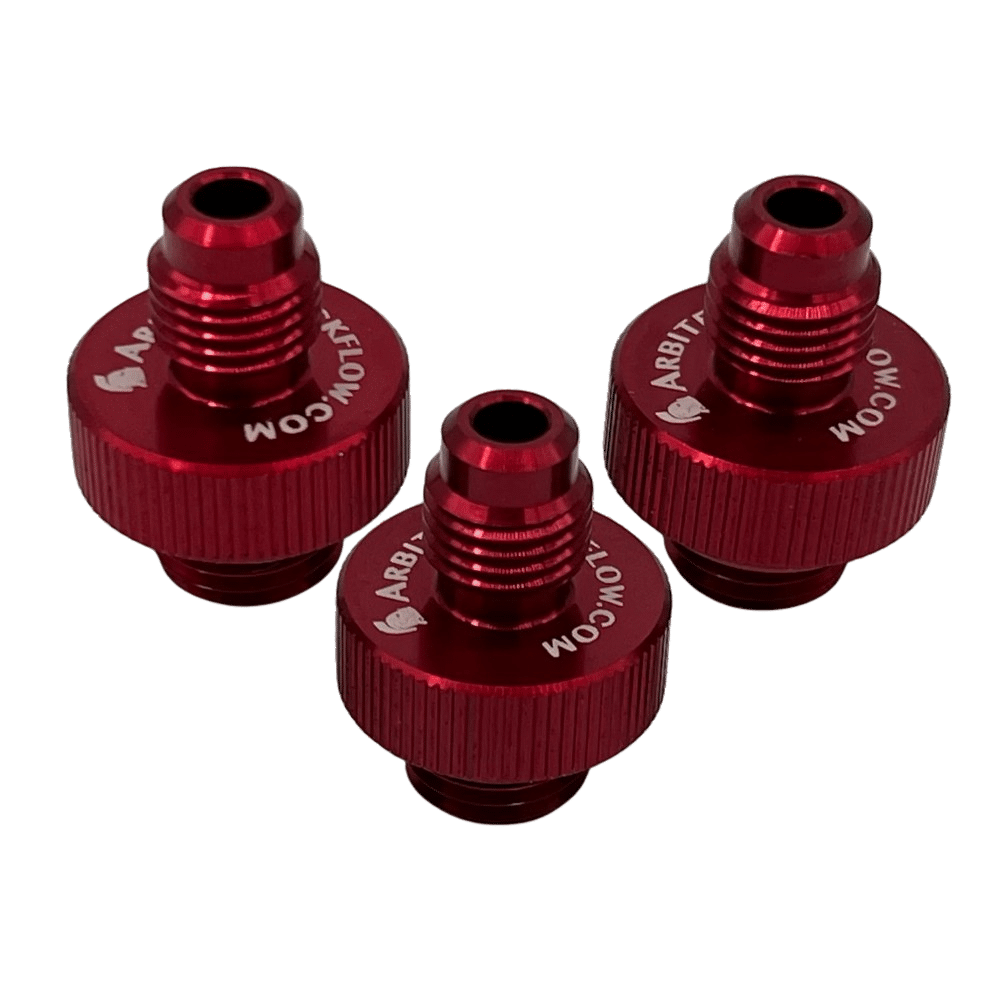 Three red metal threaded fittings with ARB/TAFLOW.COM text, arranged on a white background.