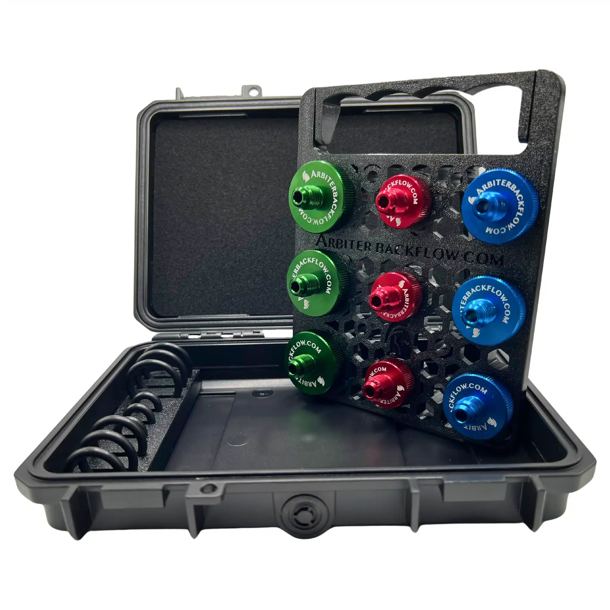 Black case with colored metal fittings organized in a tray, used for backflow testing.