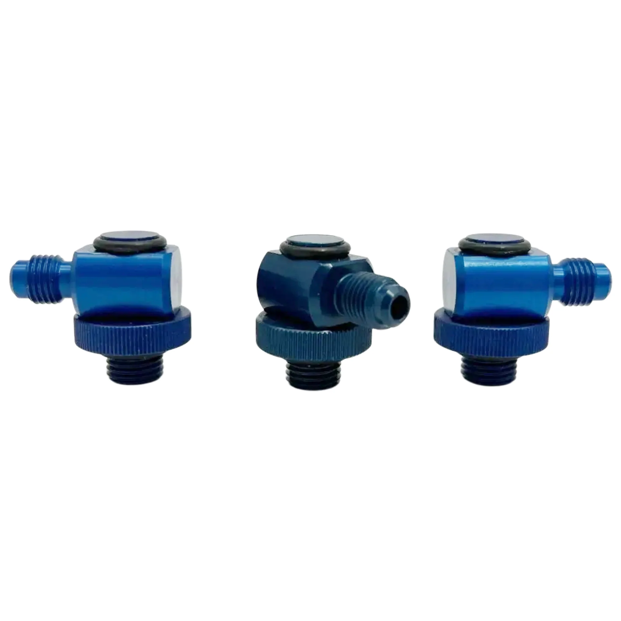 Three blue metal fittings with threaded ends, arranged in a row on a white background.